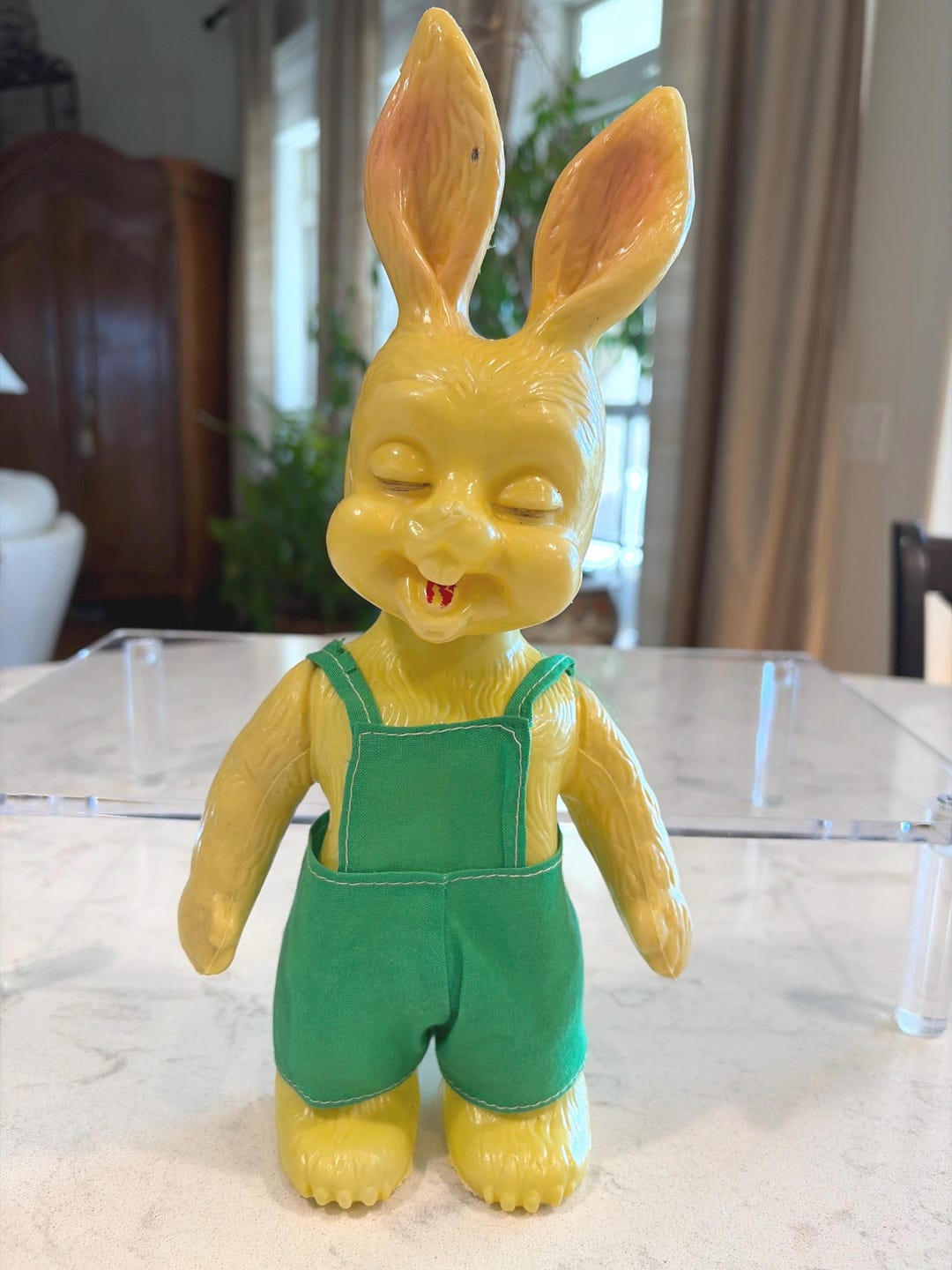 Vintage Easter Kitsch Plastic Yellow Bunny Rabbit in Green Fabric ...