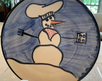 Hot Fresco Pottery Snowman Winter Blue Plate, Christmas Winter Plate Decoration, Collectible, Handmade in USA Stoneware
