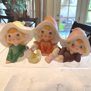 Vintage Homco Spring Garden Pixie Elf #5213 Ceramic Bisque Figurines Gnome, Elves Decoration Set of 3, Made in Taiwan