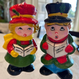 Vintage Christmas Novelty Candle,by Interpur Set of 2 Christmas Carolers or A Christmas Elf, Gnome, Unlit Candle, Christmas Decoration