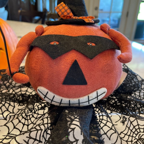 Cute Halloween Pumpkin Long Legged  Shelf Sitter in Mask,Black Cat Felt Wand,Spider Skirt, Witches' Hat  Primitive Folk Art Style
