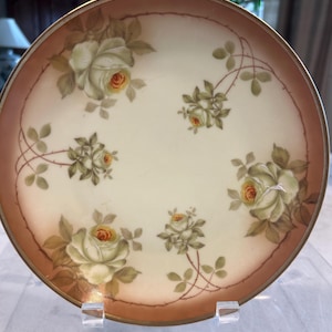 J & C Trianon Bavaria Porcelain  Hand Painted Yellow Roses, Porcelain Bavaria Germany 1900s 8.5”Diameter