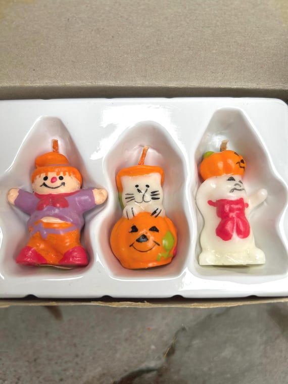 Cute Halloween Vintage 1989 Mini Halloween Candles, Set of 3 Scarecrow, Ghost, Cat in Jack 1 3/4"H, Unlit in box