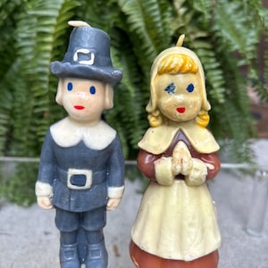 Vintage Gurley Pilgrims Thanksgiving Candle set Boy & Girl 1950s Unlit, Thanksgiving Decoration, Novelty Gurley Candles 5-5.5&quot;H