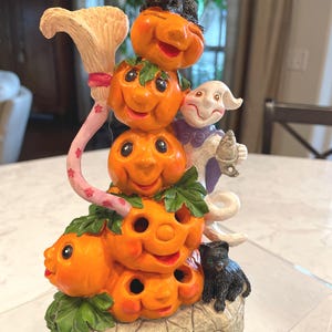 Cute Halloween Musical, Lighted Stacked Pumpkins, Ghost & Black Cat Figurine, Halloween decoration  Requires 2 AA Batteries