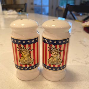 Statue of Liberty , Lady Liberty, Patriotic Vintage Salt &Pepper Shakers made in Japan.1950s. White w/Patriotic decals. Unique, hard to find
