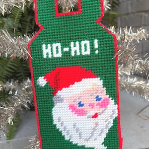 Vintage Christmas HO HO Santa Claus Yarn, Felt, Needlpoint Plastic Canvas Door Knob Hanger, 10.5" x 5" Christmas Kitsch