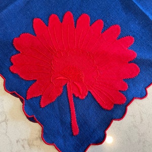 Vintage  Bright Blue Linen Scalloped Napkins with a Hand Applique Red Flower Luncheon Napkin Table Linens Beautiful!