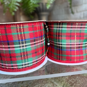 Christmas Red Plaid, Metallic Gold Wired Decorative Ribbon 2.5&quot; x 10 Yards  x 2 Spools Christmas Ribbon, Unused, Wreath / Tree Ribbon