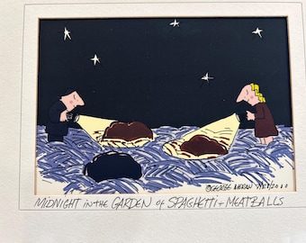 George Moran, Midnight in the Garden of Spaghetti & Meatballs, 2002 Watercolor Signed, Dated Cartoon Food Art