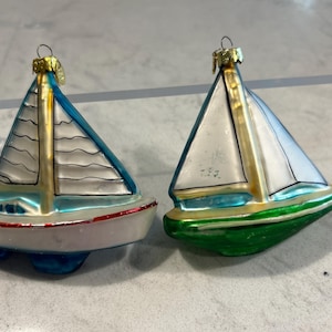 Vintage Kurt Adler, KSA, Blown Glass Sailboat Ornaments, set of 2 Christmas Ornaments with Metal Charms 3.5&quot; x 3.5&quot;