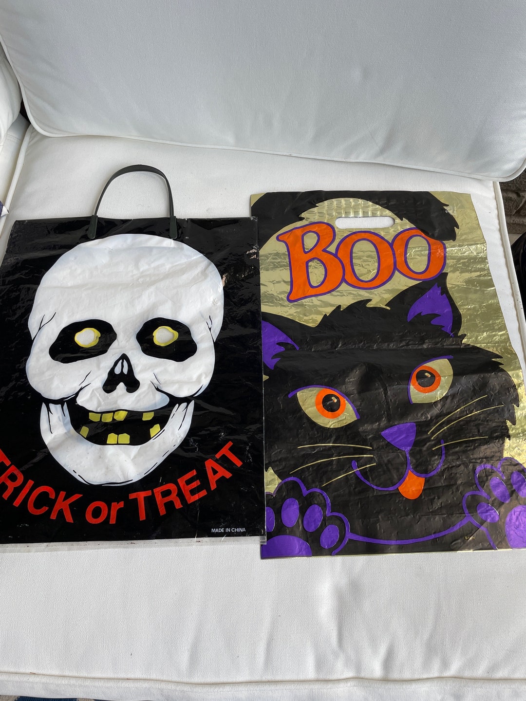 Vintage Halloween Trick or Treat Bag Skeleton Skull or Black Cat