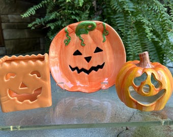 Halloween Pumpkin, Jack O Lantern Luminary, Candle Holders, Tea Light Holders and Small Plate Trio Bundle, Hand Painted, Set of 3 Ceramic