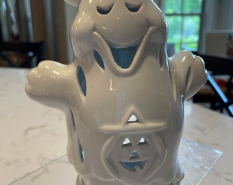 Cute Halloween Ceramic Ghost Tea light, Candle Votive Holder with A Jack O Lantern Belly Halloween Decoration Votive Holder Luminary