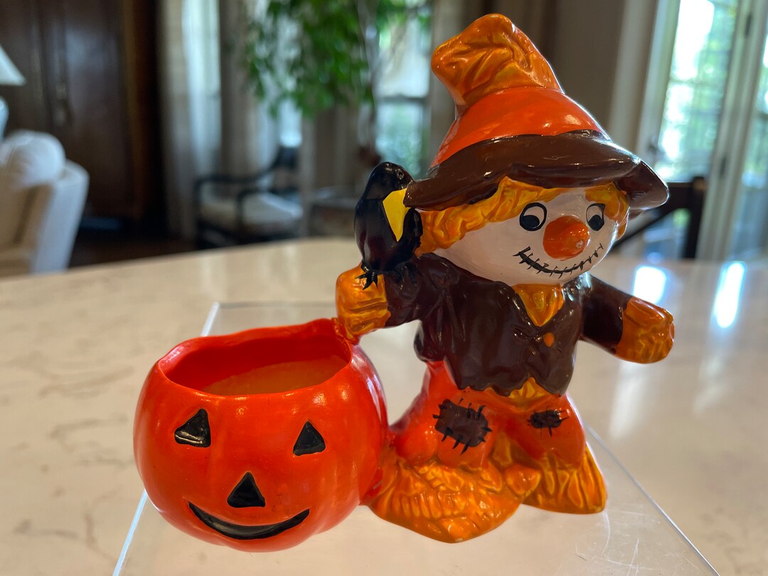 Vintage Halloween Scarecrow Crow Jack O Lantern Pumpkin Candle Circa ...
