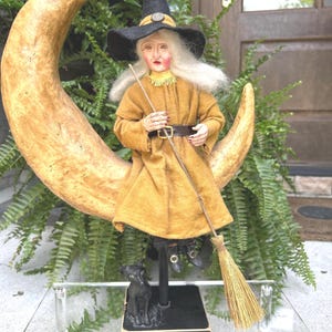 Vintage Halloween Witch Figurine, &quot;Night of The Witches&#39; Moon&quot; Witch on Crescent Moon, Black Cat on Stand 18&quot;H x 11&quot;W x 4&quot;D