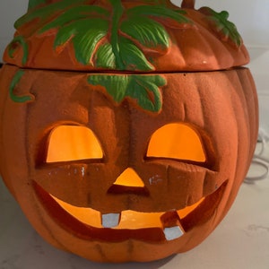 Halloween Jack O Lantern Light Up Pumpkin with Lid  Hand Painted Bisque Halloween Decoration Halloween Luminary Light Cord Included
