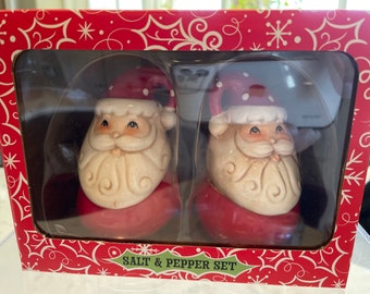 Johanna Parker Christmas Salt and Pepper Shaker Set Unused in Box, Folk Art Reindeer, Santas, Santa or Mrs. Claus Salt & Pepper Shakers