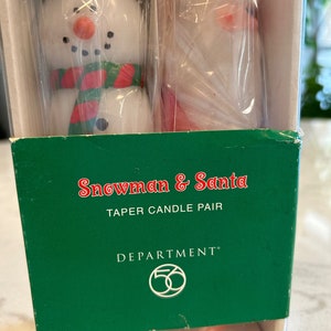 Vintage Department 56 Christmas Taper Candle Pair Snowman and Santa 1998, New, Unused in Original Box Christmas Decoration Christmas Candle