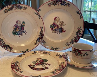Vintage  Fitz & Floyd Christmas Santa&#39;s List Ribbed Border Stoneware 1994, Santa On Rocking Horse, Christmas Theme