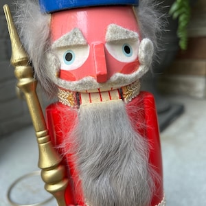Vintage Nutcracker King,Erzgebirge Area,Rabbit Fur, Ornate Braid, Stylized Arms, Felt Eyebrows & Mustache Erzgebirge Nutcracker Rare Find