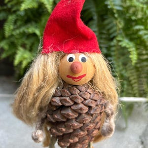 Vintage  Scandinavian, Scandi, Tomte Swedish Pinecone Female Gnome Ornament, Troll,Elf, Stamped Sweden 6.5 Hx 4&quot;W, circa 1960s