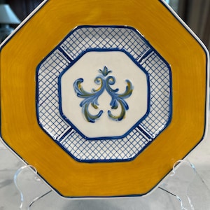 Vintage Fitz and Floyd Ricamo Trattoria Octagonal Salad Plate, 8" Diameter, Fleur-de-Lys, Mustard Yellow & Blue Lattice Pattern Wall Decor