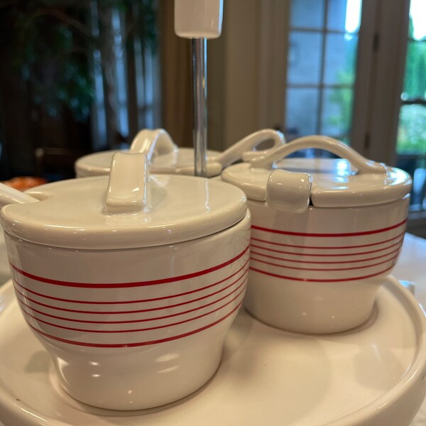 Pottery Barn PANINI Condiment Set, Jelly Set with Caddy, 3 Jars w/ Lids & Spoons and Caddy