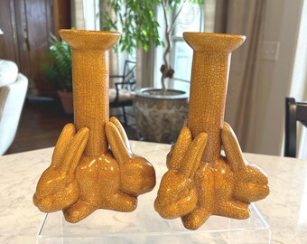 Vintage Rabbit Crackled Candlestick Holders, Pair of 2 Bunny Rabbit Candle Holder Easter Decoration, Spring Decoration Rabbit decoration