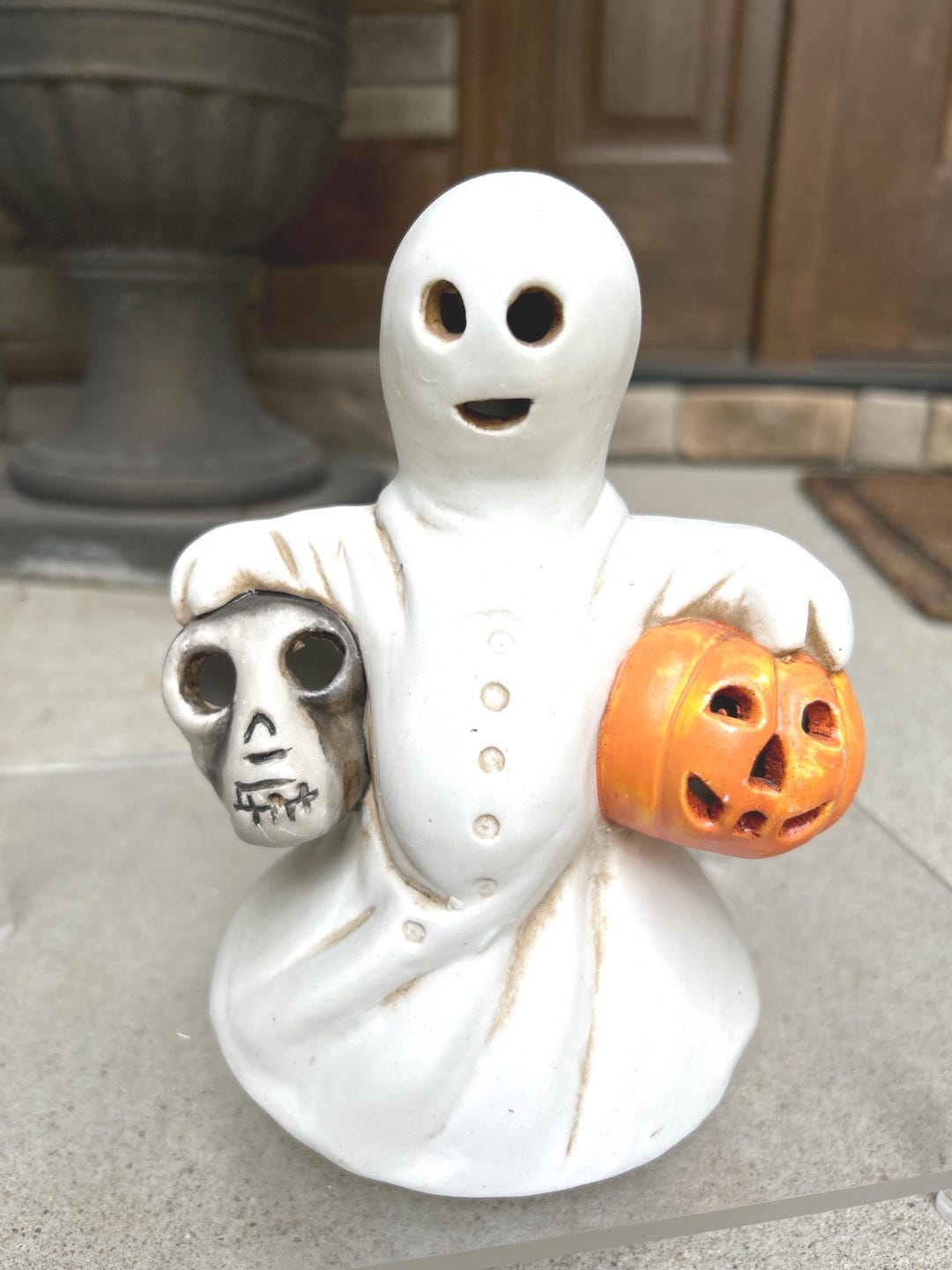 Vintage Halloween Ghost With Skull Jack O Lantern Candle Holder ...