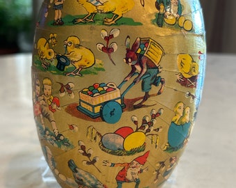 Paper Mache Easter Egg, Western Germany Lithograph paper, 7" W x 4 3/4"  Gold Paper Easter Egg circa 1950s