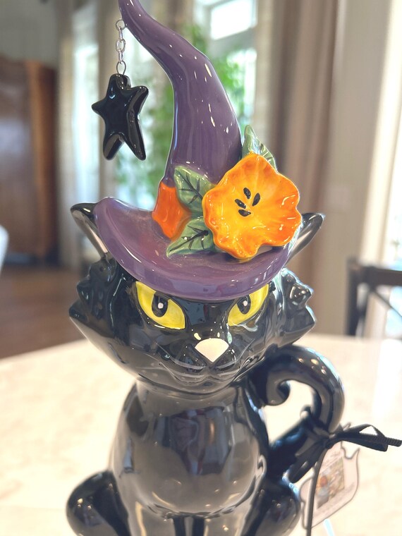 Blue Sky Clayworks Halloween Spooky Cat With Witch Hat  Spooky Halloween Witch Hat Decor by Blue Sky main image 2