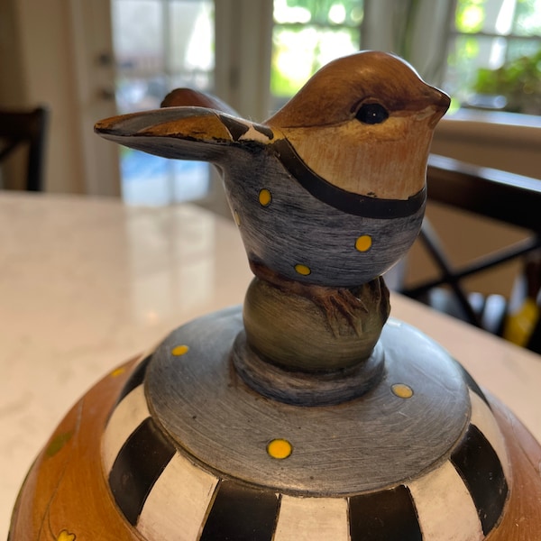 Round Lidded Box With an Adorable  Blue Bird Perched, Adorned with Black & White Checkerboard, Stripes and Sunflowers