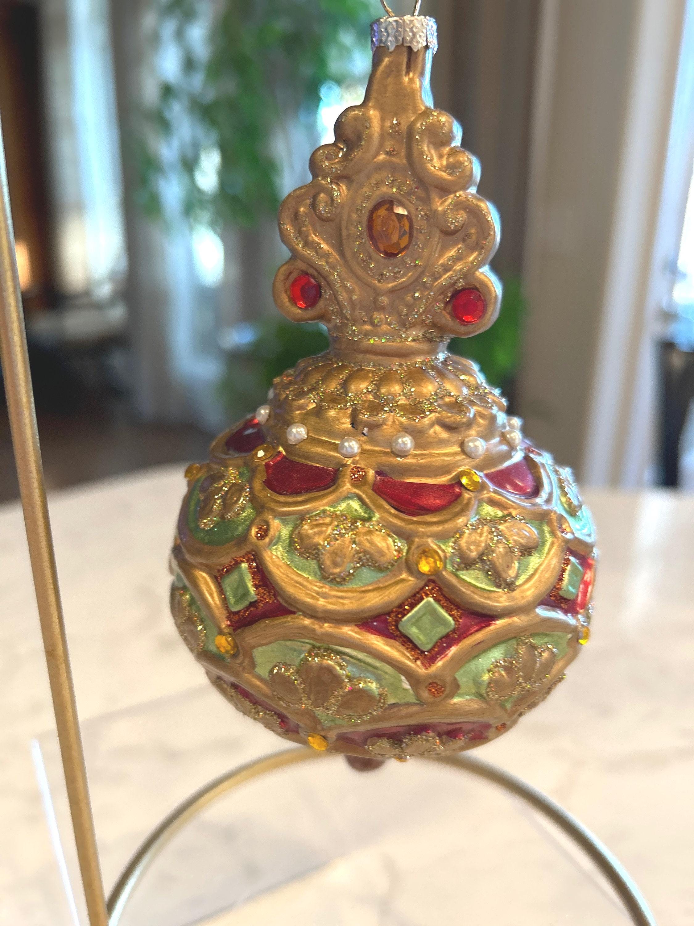 Stunning Vintage Hand Blown Ornate Finial Christmas Tree Ornament w/ Enamel Paint & Crystals Christmas Finial Ornament Christmas  Decoration