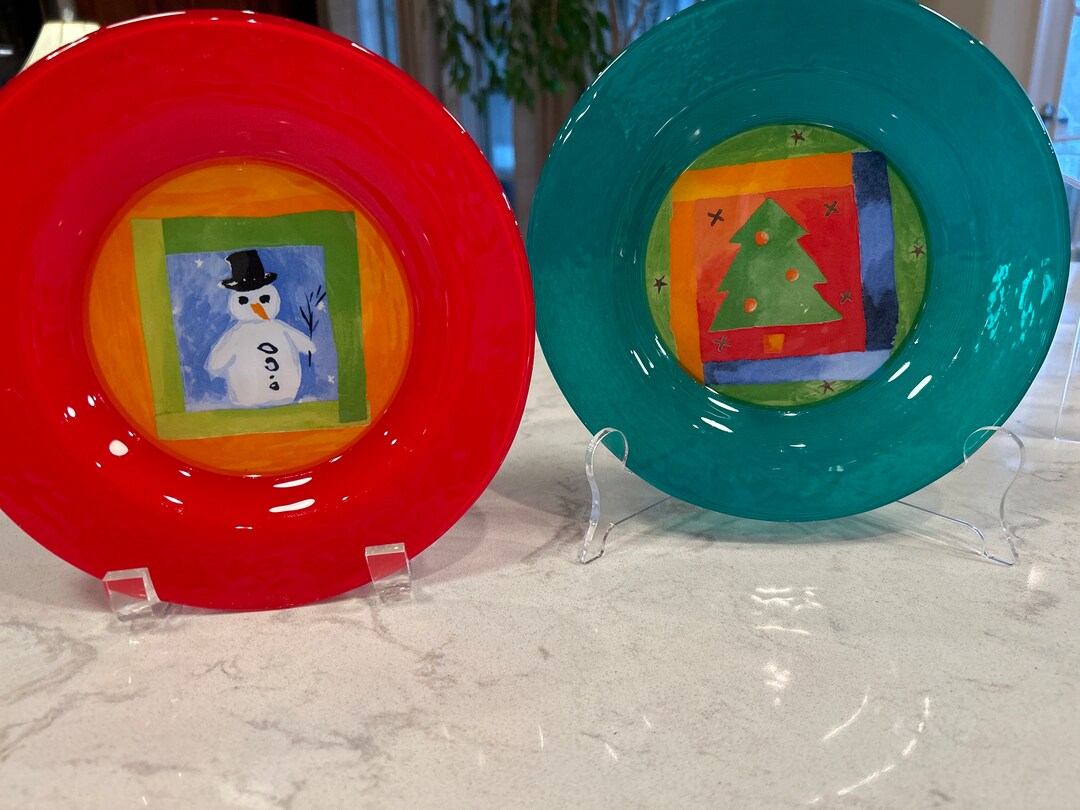 Dibbern of Germany Christmas Glass Plates Set of 2 , Hand Painted Green Christmas Tree & Red