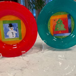 Dibbern of Germany Christmas Glass Plates Set of 2 , Hand Painted 