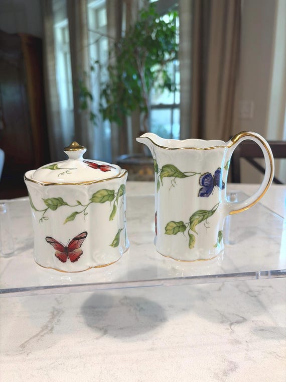 I.Godinger & Co. Butterfly Garden/ Jardin Pattern, White Porcelain Sugar Bowl / Lid OR Creamer, Sold separately. Circa 1970s