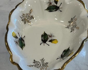Vintage Wood & Sons England Trinket Dish, Jewelry Holder,  Yellow Floral Design Metallic Gold accents 5 1/2" x 4 1/4"