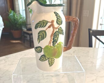 Blue Sky Clayworks Raised Green Apple Pitcher with Faux Wood Handle 2005 Heather Goldminc Signed, Pitcher/ Vase  Decoration 9 1/2" x 7"