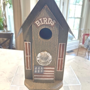 Handmade Rustic Bird House w/ Metal Roof, Glass Knob Perch, Handpainted USA Flag 11.5"H x 8.5"D x 6.5"W  , Opening Hole is 1 1/5", Unused