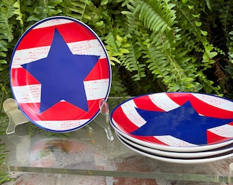 Boston Warehouse Ceramic Patriotic Appetizer Home Decor Plates  Set of 4 , Independence Day, 4th of July Stars and Stripes