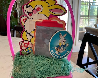 Vintage E. Rosen Easter Basket with Original Die Cuts and Grass, 1980s Pink Retro Easter Basket Easter Decoration