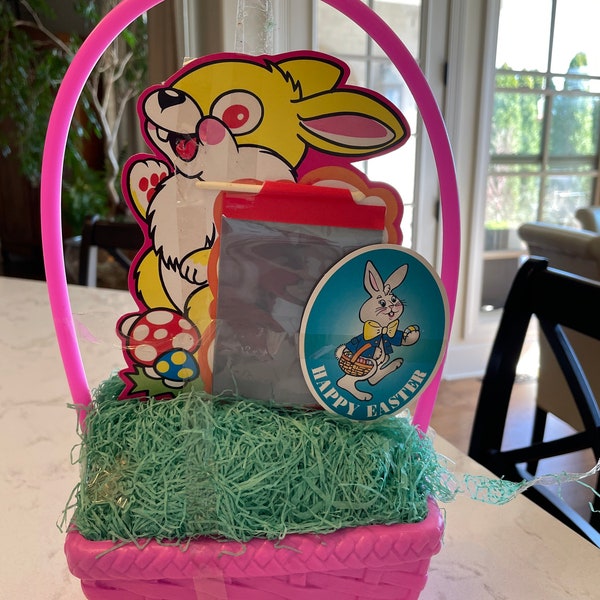 Vintage E. Rosen Easter Basket with Original Die Cuts and Grass, 1980s Pink Retro Easter Basket Easter Decoration