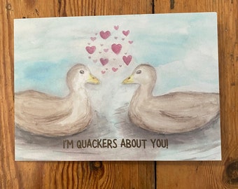 Watercolour Duck Valentines card A6 Landscape Card, Valentines Cards, Hand Painted, Hand-Drawn Designs, Ducks, Galentines, Kissing Duck Love
