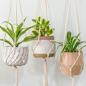 Macetero minimalista de macramé, macetero minimalista, regalo relacionado con las plantas, macetero colgante largo, macetero con borlas, macetero de esquina
