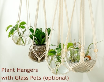 Macrame Plant Hanger With Pot, Glass Hanging Planter Indoor, No Tassel or Fringe Plant Holder Without Tail, Houseplants Propagation Station