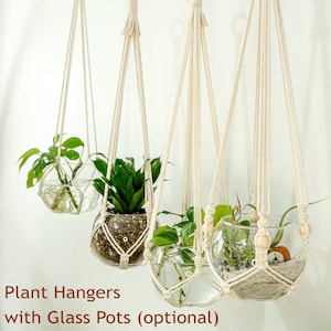 Macrame Plant Hanger With Pot, Glass Hanging Planter Indoor, No Tassel or Fringe Plant Holder Without Tail, Houseplants Propagation Station