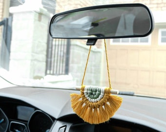 Half Moon Mini Macrame Car Charm, Car Decorations Interior, Cute Boho Rear View Mirror Accessory, Car Hanging Decor, Rear View Mirror Charm