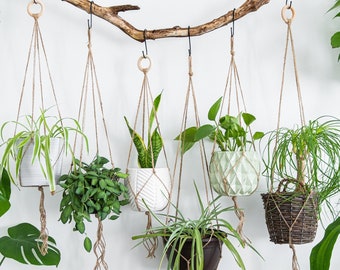 Colgador de planta Macrame simple, plantador colgante interior al aire libre, plantador de pared, soporte de olla pequeño corto grande, cuerda de yute, decoración del hogar de arte de pared boho