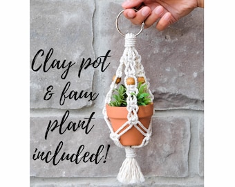 REAR VIEW MIRROR Charm, rear view mirror accessory, mini macrame plant hanger, cute car hanging accessory, hanging planter, plant lover gift